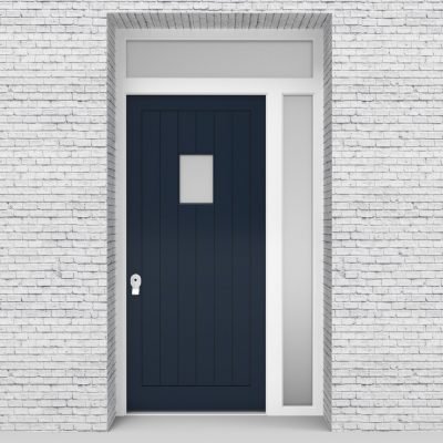 9.single Door With Right Side Panel And Transom 7 Vertical Lines With Rectangle Pane Sapphire Blue (ral5003)