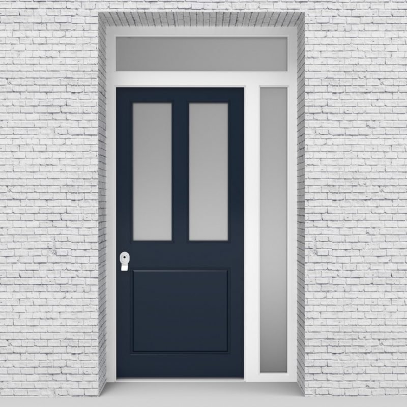 9.single Door With Right Side Panel And Transom Edwardian 3 Panel With 2 Glass Panes Sapphire Blue (ral5003)