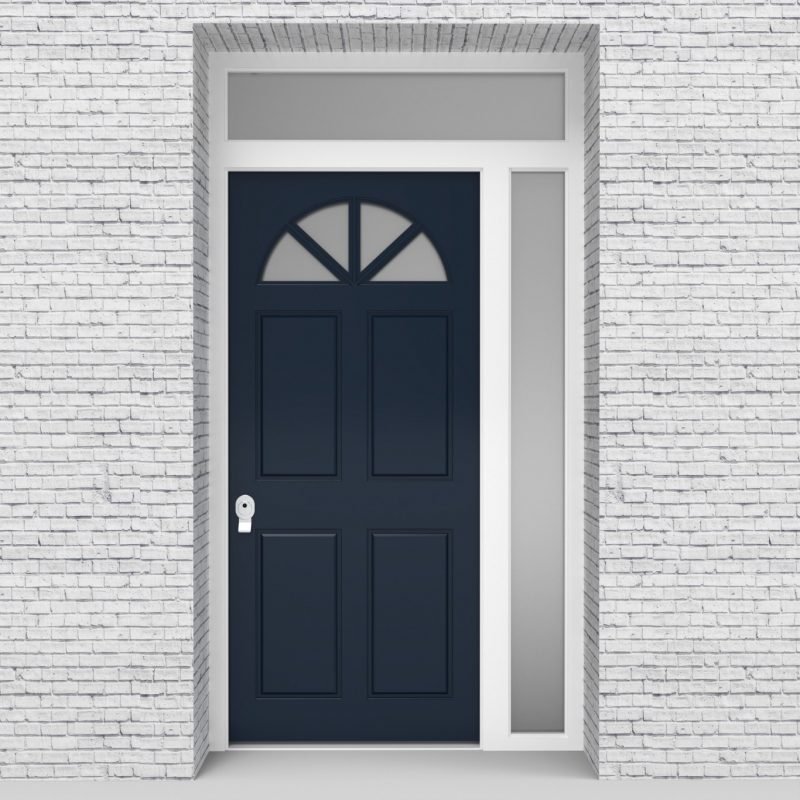 9.single Door With Right Side Panel And Transom Edwardian 4 Panel With Arched Glass Pane Sapphire Blue (ral5003)