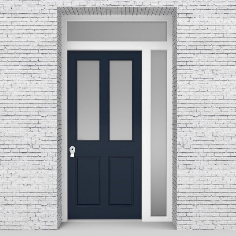 9.single Door With Right Side Panel And Transom Victorian 4 Panel With 2 Glass Panes Sapphire Blue (ral5003)