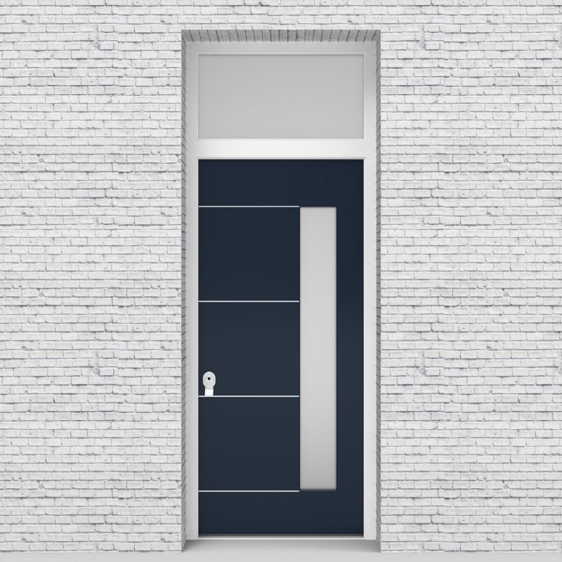 9.single Door With Transom 4 Aluminium Inlays With Hinge Side Glass Sapphire Blue (ral5003)