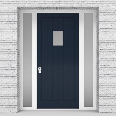 9.single Door With Two Side Panels 7 Vertical Lines With Rectangle Pane Sapphire Blue (ral5003)