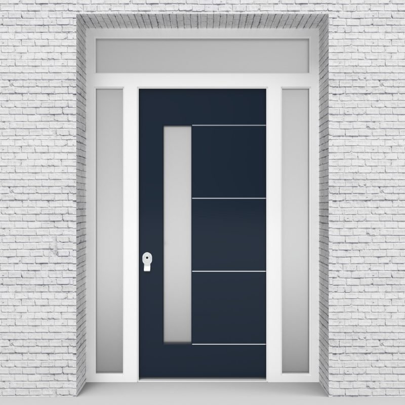 9.single Door With Two Side Panels And Transom 4 Aluminium Inlays With Lock Side Glass Sapphire Blue (ral5003)