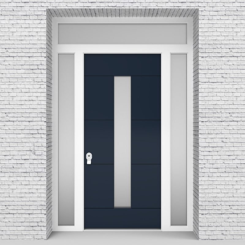 9.single Door With Two Side Panels And Transom 4 Horizontal Lines With Central Glass Sapphire Blue (ral5003)