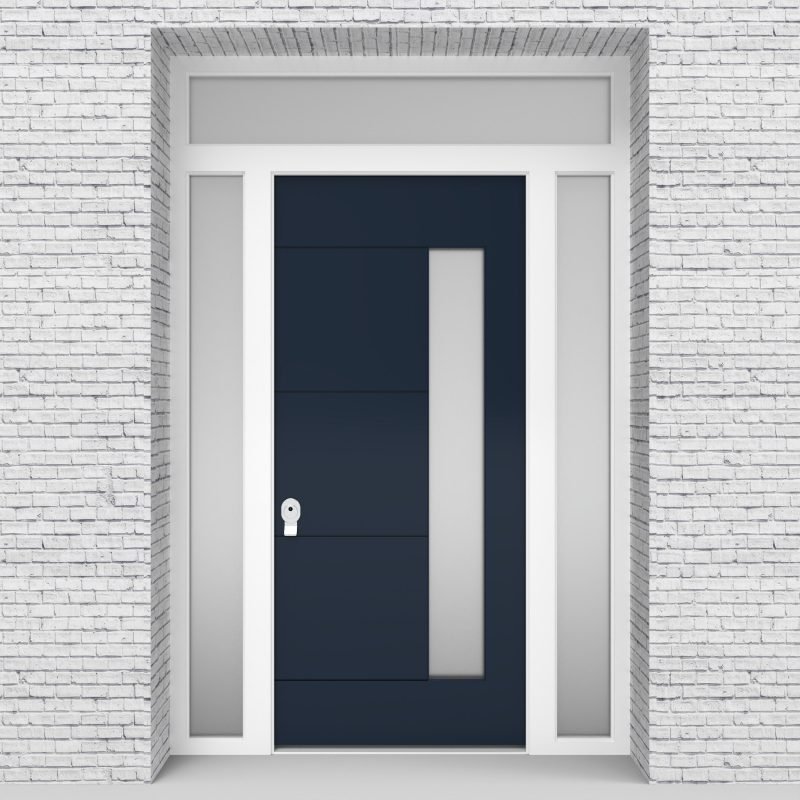 9.single Door With Two Side Panels And Transom 4 Horizontal Lines With Hinge Side Glass Sapphire Blue (ral5003)