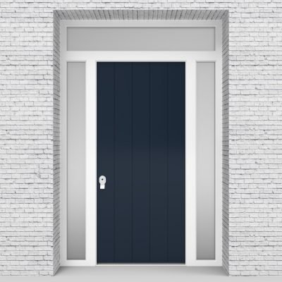 9.single Door With Two Side Panels And Transom 4 Vertical Lines Sapphire Blue (ral5003)