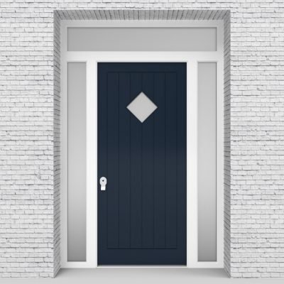 9.single Door With Two Side Panels And Transom 7 Vertical Lines With Diamond Pane Sapphire Blue (ral5003)