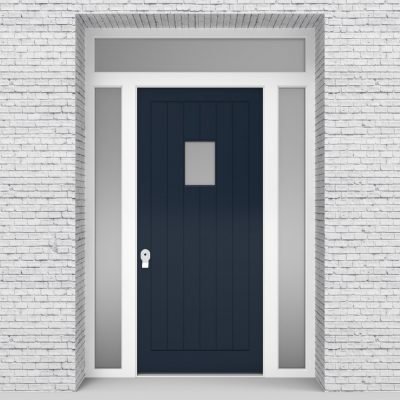 9.single Door With Two Side Panels And Transom 7 Vertical Lines With Rectangle Pane Sapphire Blue (ral5003)