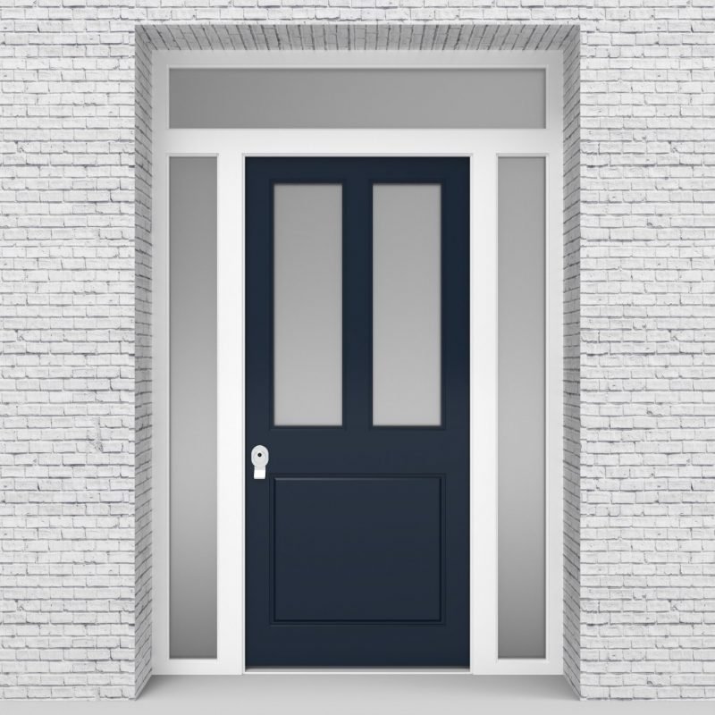 9.single Door With Two Side Panels And Transom Edwardian 3 Panel With 2 Glass Panes Sapphire Blue (ral5003)