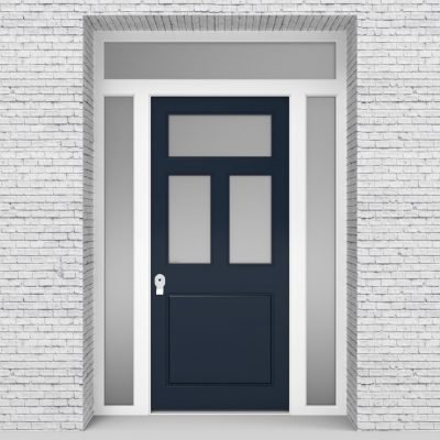 9.single Door With Two Side Panels And Transom Edwardian 4 Panel With 3 Glass Panes Sapphire Blue (ral5003)