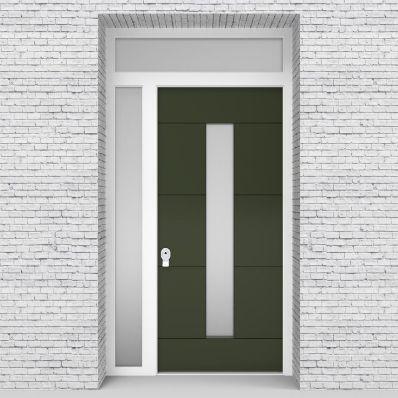 11.single Door With Left Side Panel And Transom 4 Horizontal Lines With Central Glass Fir Green (ral6009)