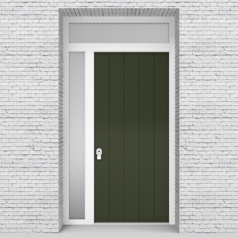 11.single Door With Left Side Panel And Transom 4 Vertical Lines Fir Green (ral6009)