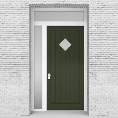 11.single Door With Left Side Panel And Transom 7 Vertical Lines With Diamond Pane Fir Green (ral6009)