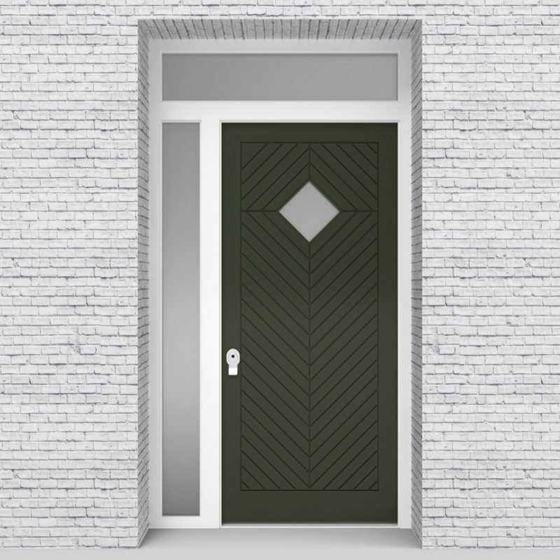 11.single Door With Left Side Panel And Transom Cottage Style With Diamond Pane Fir Green (ral6009)