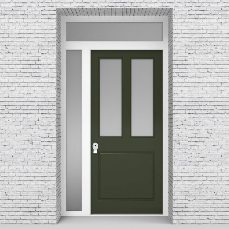 11.single Door With Left Side Panel And Transom Edwardian 3 Panel With 2 Glass Panes Fir Green (ral6009)