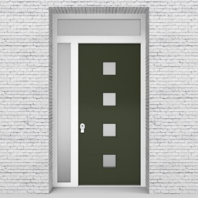 11.single Door With Left Side Panel And Transom Plain With 4 Glass Squares Fir Green (ral6009)