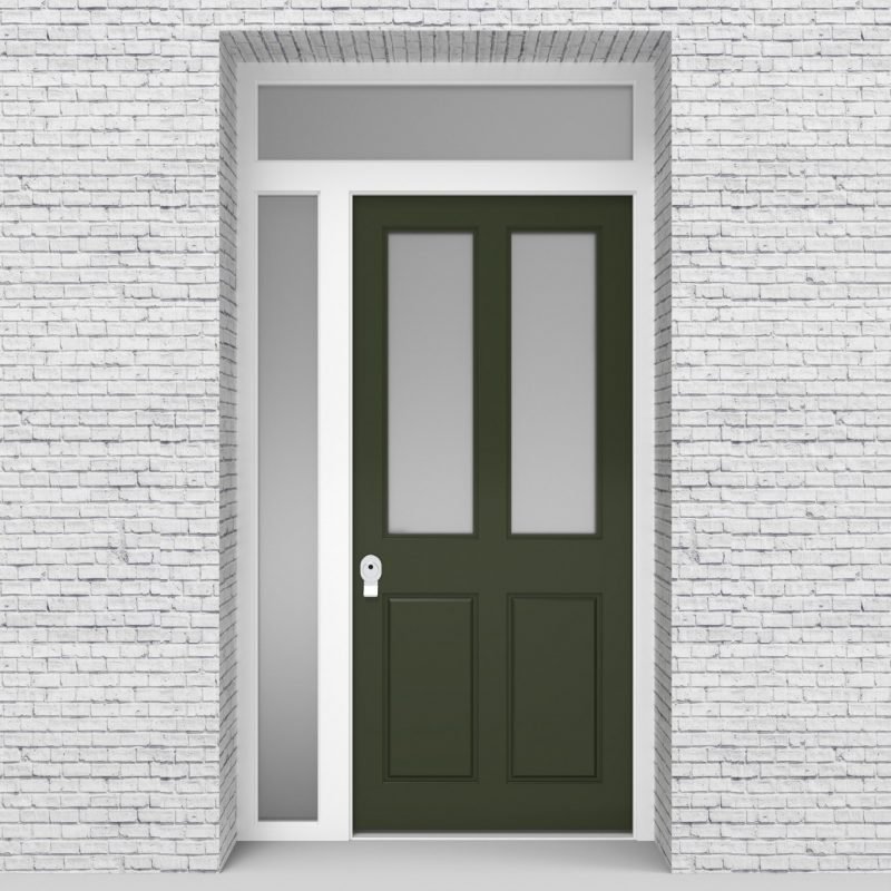 11.single Door With Left Side Panel And Transom Victorian 4 Panel With 2 Glass Panes Fir Green (ral6009)