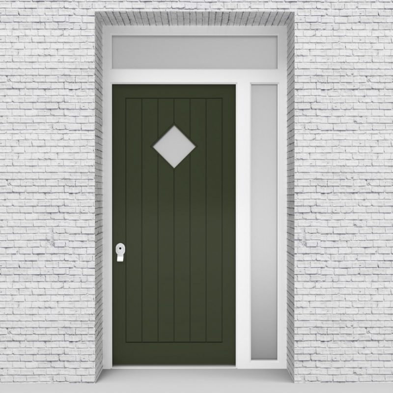 11.single Door With Right Side Panel And Transom 7 Vertical Lines With Diamond Pane Fir Green (ral6009)