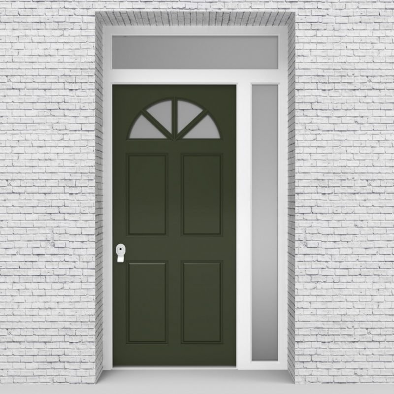 11.single Door With Right Side Panel And Transom Edwardian 4 Panel With Arched Glass Pane Fir Green (ral6009)