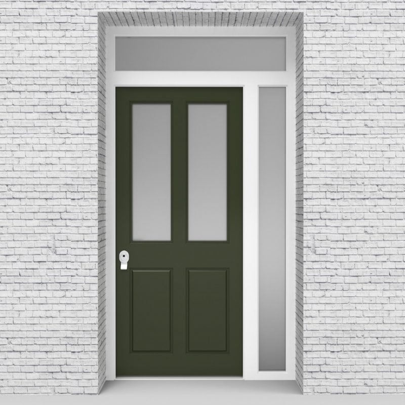 11.single Door With Right Side Panel And Transom Victorian 4 Panel With 2 Glass Panes Fir Green (ral6009)