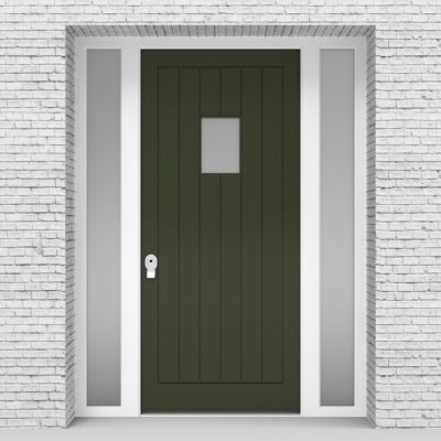 11.single Door With Two Side Panels 7 Vertical Lines With Rectangle Pane Fir Green (ral6009)