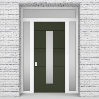 11.single Door With Two Side Panels And Transom 4 Horizontal Lines With Central Glass Fir Green (ral6009)