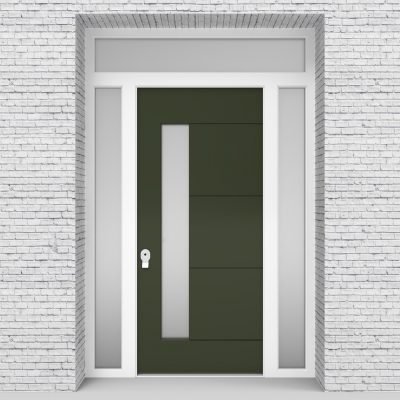 11.single Door With Two Side Panels And Transom 4 Horizontal Lines With Lock Side Glass Fir Green (ral6009)