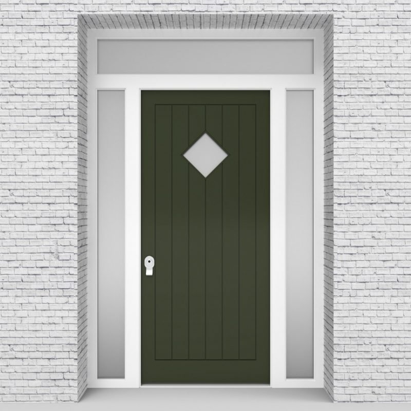 11.single Door With Two Side Panels And Transom 7 Vertical Lines With Diamond Pane Fir Green (ral6009)