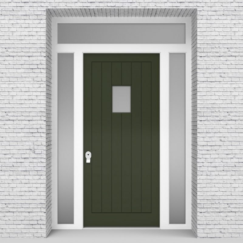 11.single Door With Two Side Panels And Transom 7 Vertical Lines With Rectangle Pane Fir Green (ral6009)