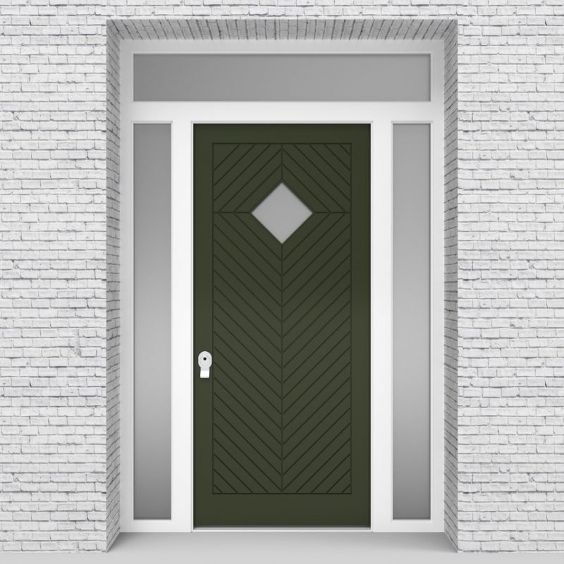 11.single Door With Two Side Panels And Transom Cottage Style With Diamond Pane Fir Green (ral6009)