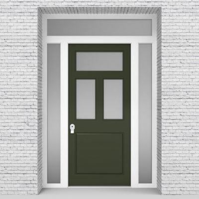11.single Door With Two Side Panels And Transom Edwardian 4 Panel With 3 Glass Panes Fir Green (ral6009)