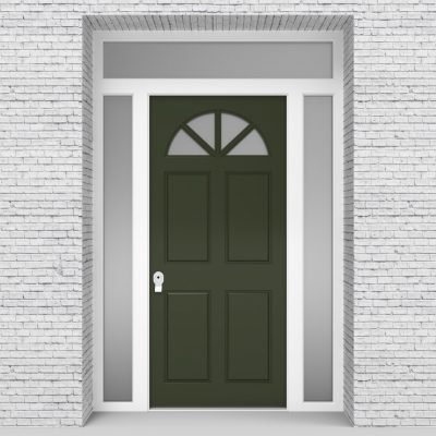 11.single Door With Two Side Panels And Transom Edwardian 4 Panel With Arched Glass Pane Fir Green (ral6009)