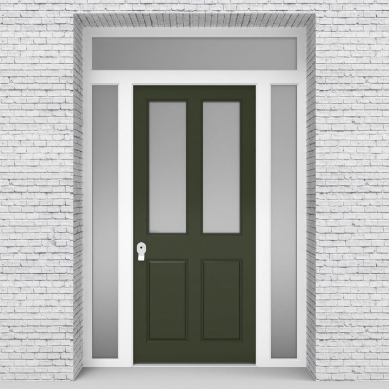 11.single Door With Two Side Panels And Transom Victorian 4 Panel With 2 Glass Panes Fir Green (ral6009)