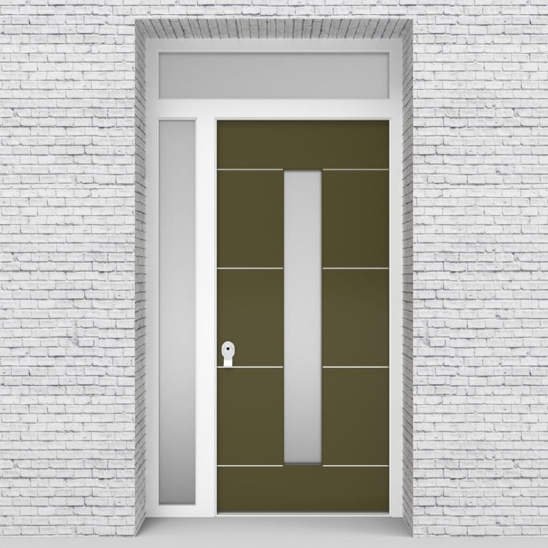 12.single Door With Left Side Panel And Transom 4 Aluminium Inlays With Central Glass Reed Green (ral6013)