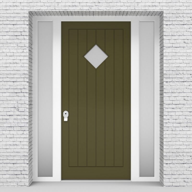 12.single Door With Two Side Panels 7 Vertical Lines With Diamond Pane Reed Green (ral6013)