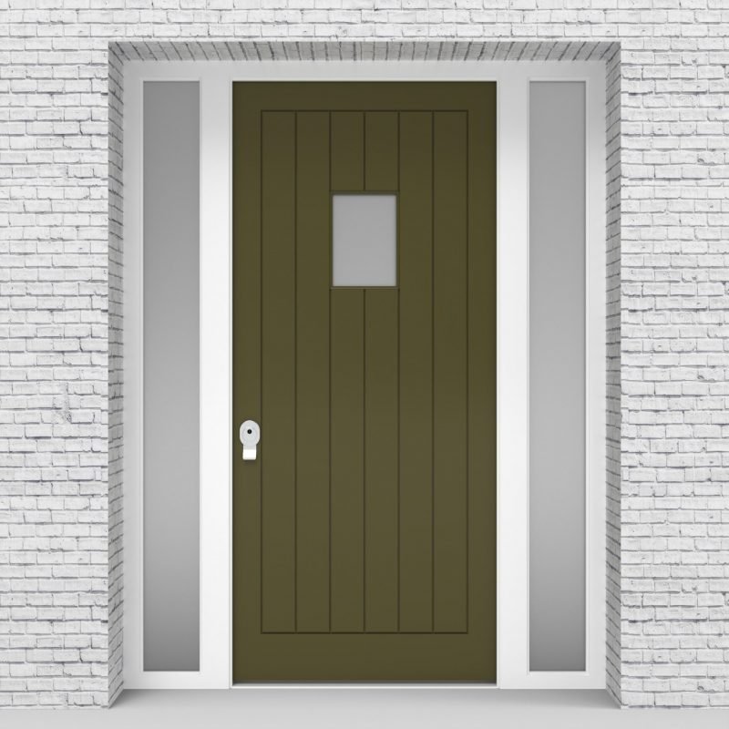 12.single Door With Two Side Panels 7 Vertical Lines With Rectangle Pane Reed Green (ral6013)