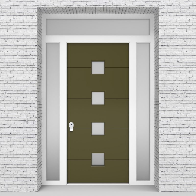 12.single Door With Two Side Panels And Transom 4 Horizontal Lines Reed Green (ral6013)