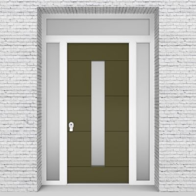 12.single Door With Two Side Panels And Transom 4 Horizontal Lines With Central Glass Reed Green (ral6013)