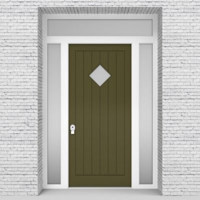 12.single Door With Two Side Panels And Transom 7 Vertical Lines With Diamond Pane Reed Green (ral6013)