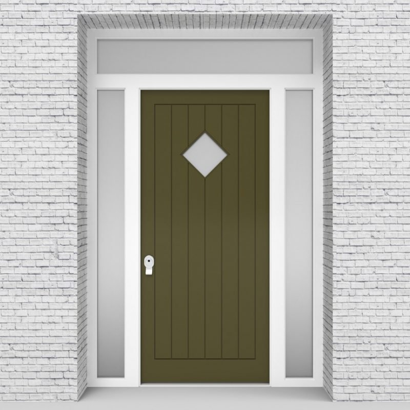 12.single Door With Two Side Panels And Transom 7 Vertical Lines With Diamond Pane Reed Green (ral6013)