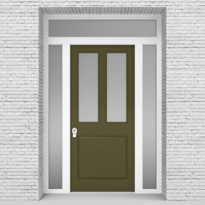 12.single Door With Two Side Panels And Transom Edwardian 3 Panel With 2 Glass Panes Reed Green (ral6013)