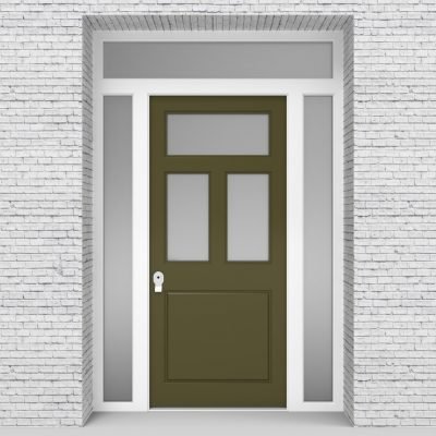 12.single Door With Two Side Panels And Transom Edwardian 4 Panel With 3 Glass Panes Reed Green (ral6013)