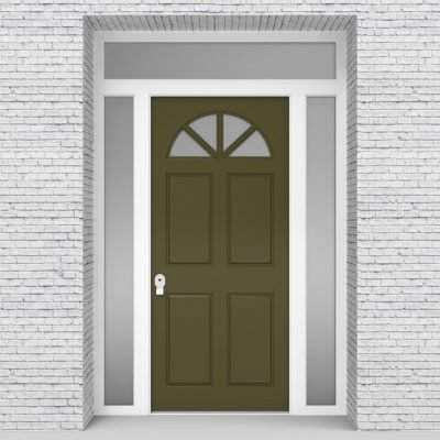 12.single Door With Two Side Panels And Transom Edwardian 4 Panel With Arched Glass Pane Reed Green (ral6013)