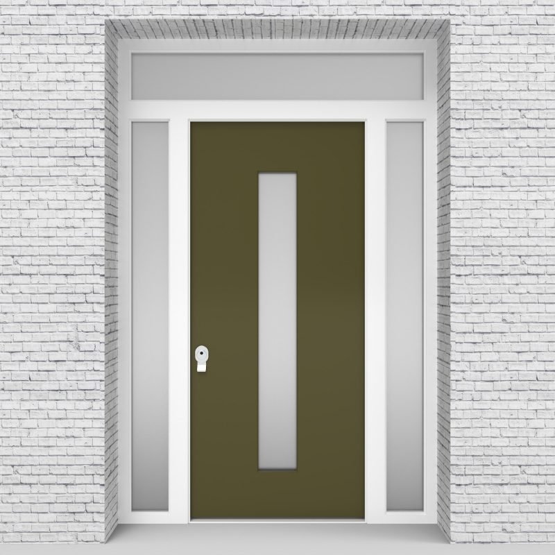 12.single Door With Two Side Panels And Transom Plain With Central Glass Reed Green (ral6013)