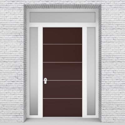 16.single Door With Two Side Panels And Transom 4 Aluminium Inlays Chocolate Brown (ral8017)