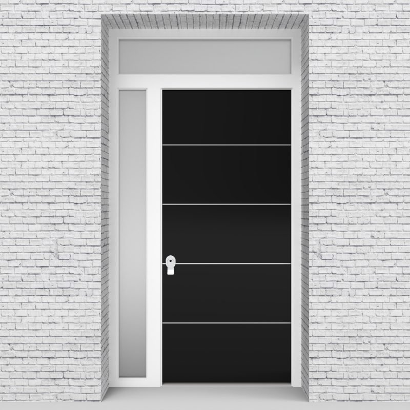 6.single Door With Left Side Panel And Transom 4 Aluminium Inlays Jet Black (ral9005)