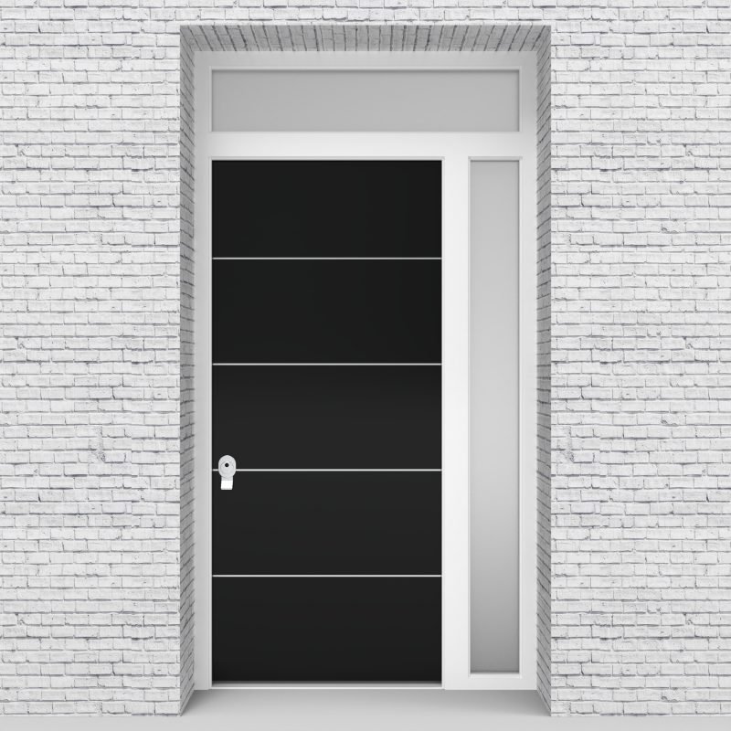 6.single Door With Right Side Panel And Transom 4 Aluminium Inlays Jet Black (ral9005)
