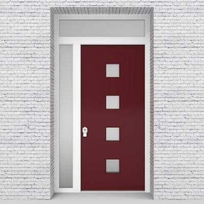 8.single Door With Left Side Panel And Transom Plain With 4 Glass Squares Ruby Red (ral3003)