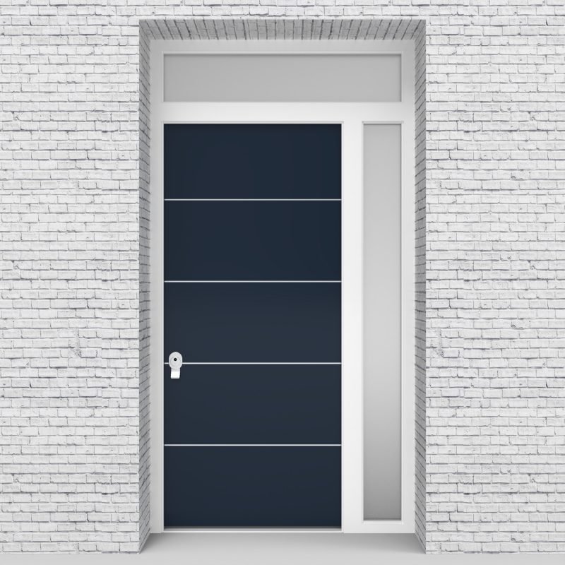 9.single Door With Right Side Panel And Transom 4 Aluminium Inlays Sapphire Blue (ral5003)