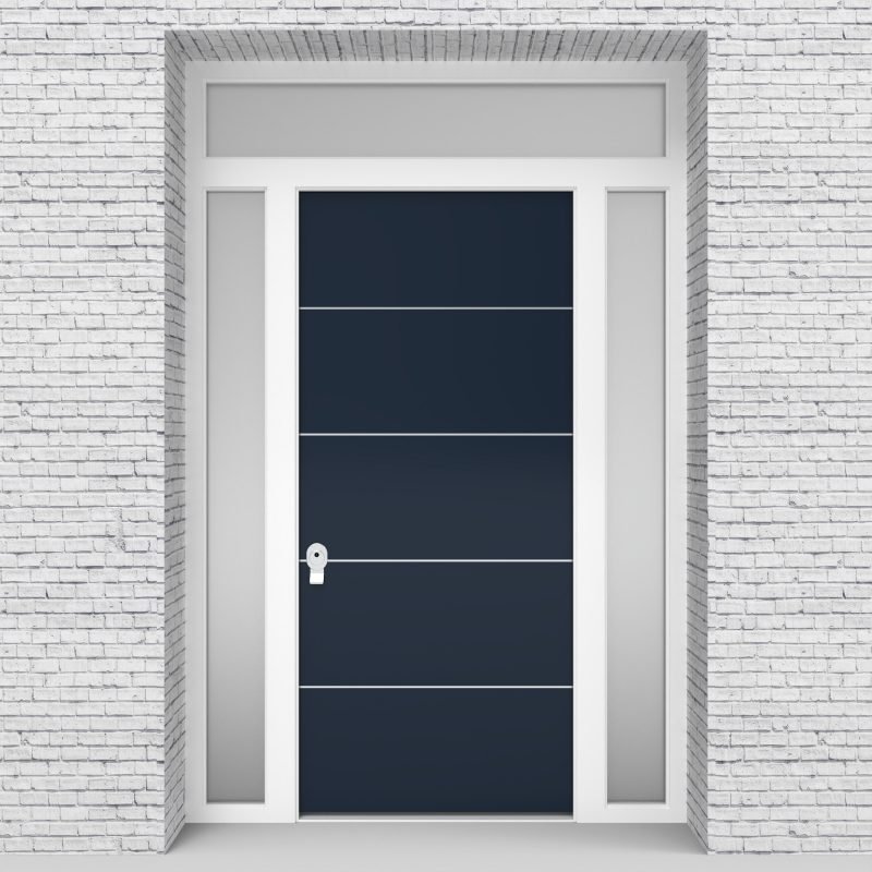 9.single Door With Two Side Panels And Transom 4 Aluminium Inlays Sapphire Blue (ral5003)